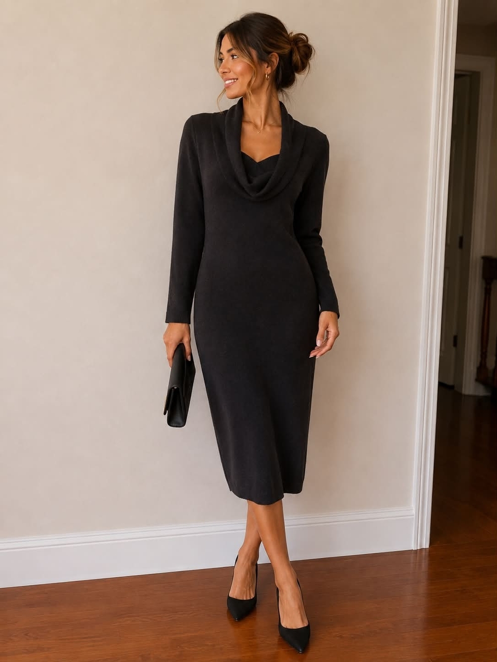 Cowl Neck Long Sleeve Midi Dress in Black